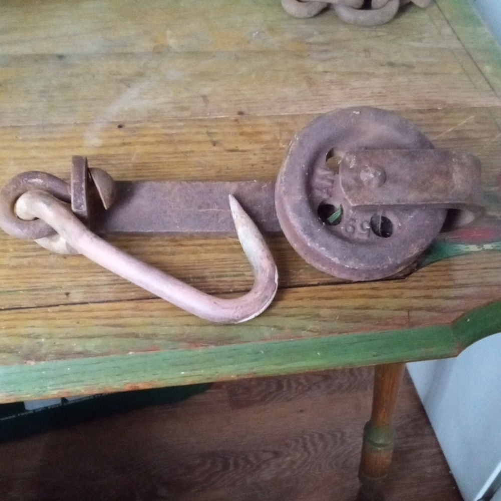 Antique Brown and Green Rustic Pulley Hook